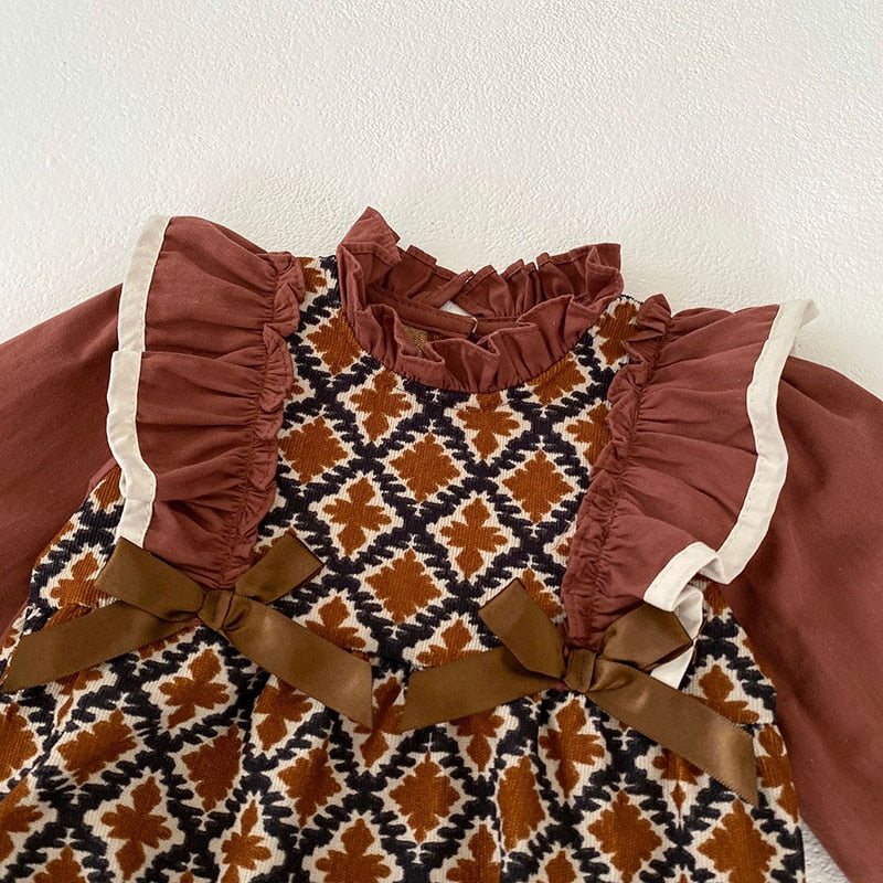 -ベビー リボン フリル スタンドカラー 長袖 ドッキング ロンパース ドレス お出かけ ガールズ【mh0002667】 - mamahalo shop - 長袖ロンパース - べビー服 - 子供服 - 男の子 - 女の子