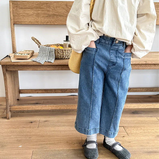 -キッズパンツ デニムパンツ ワイドストレートジーンズ バギーパンツ ジーパン 2カラー - mamahalo shop - デニムパンツ - べビー服 - 子供服 - 男の子 - 女の子