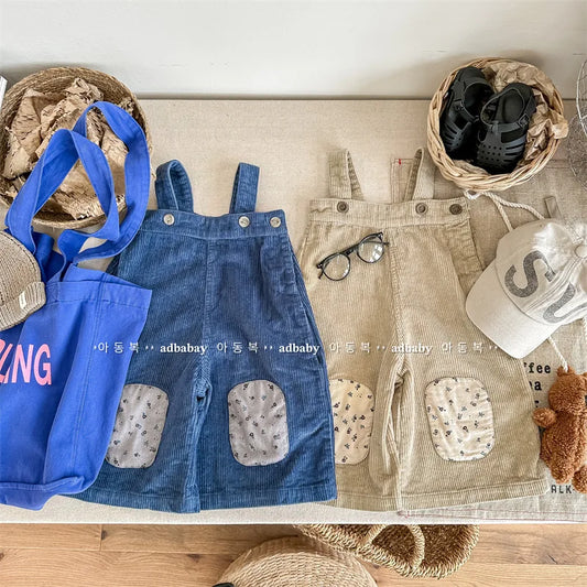 -キッズサロペット コーデュロイサスペンダーパンツ ワイドルーズ 膝パッチ ブルー カーキ 2カラー - mamahalo shop - サロペットパンツ・サスペンダーパンツ - べビー服 - 子供服 - 男の子 - 女の子