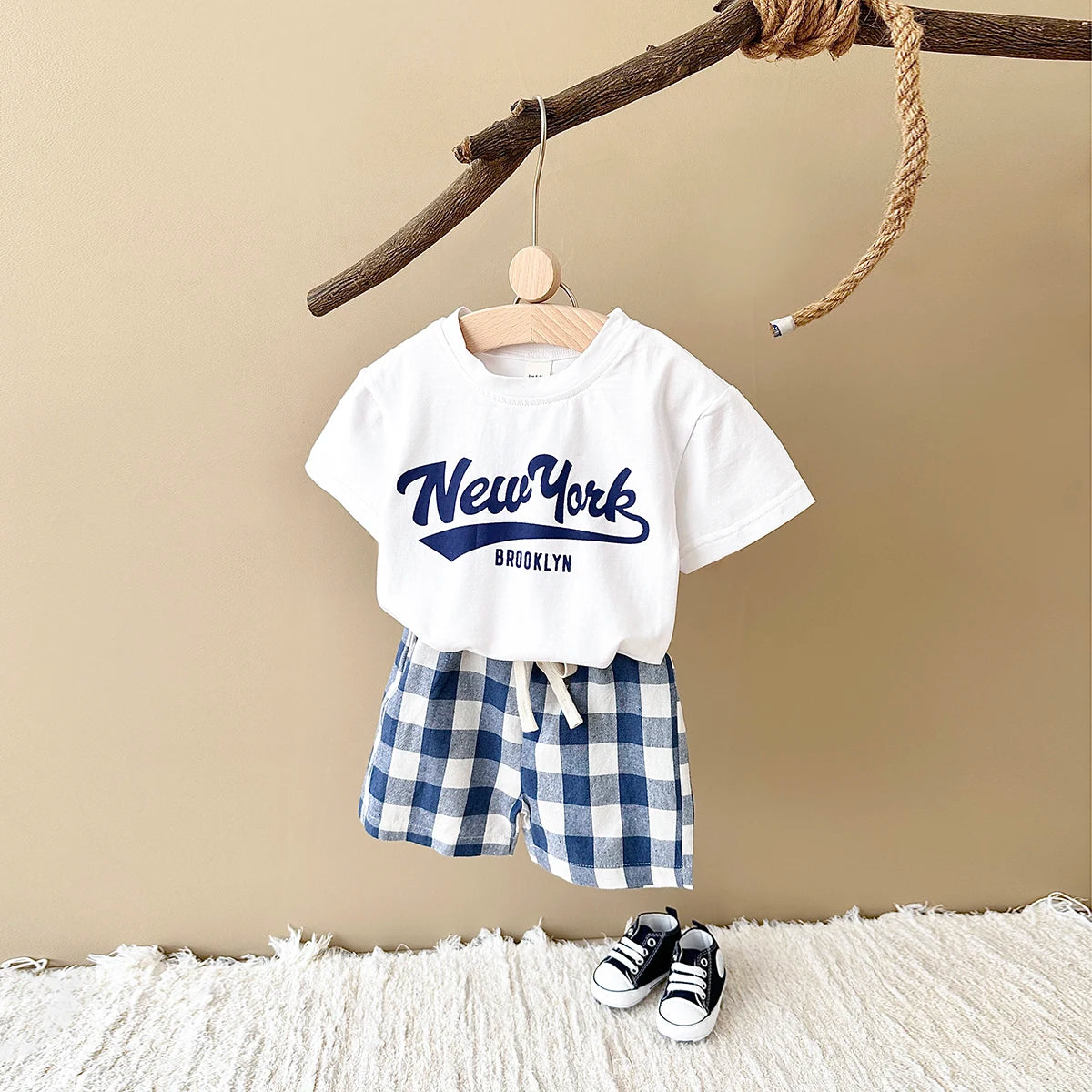 -ベビーセットアップ 2点セット 半袖プリントTシャツ+チェックショートパンツ 3カラー【mh0005631】 - mamahalo shop - 半袖セットアップ - べビー服 - 子供服 - 男の子 - 女の子