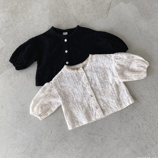 -ベビートップス/パンツ レース刺繍ノーカラー長袖ブラウス/リボンプリントフリルスカートサスペンダーブルマ 2カラー - mamahalo shop - 長袖セットアップ - べビー服 - 子供服 - 男の子 - 女の子