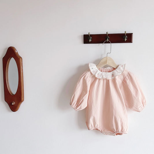 -ベビーロンパース フリルサークル襟 長袖ボディスーツ フラワー花柄刺繍 ピンク【mh0004626】 - mamahalo shop - 長袖ロンパース - べビー服 - 子供服 - 男の子 - 女の子