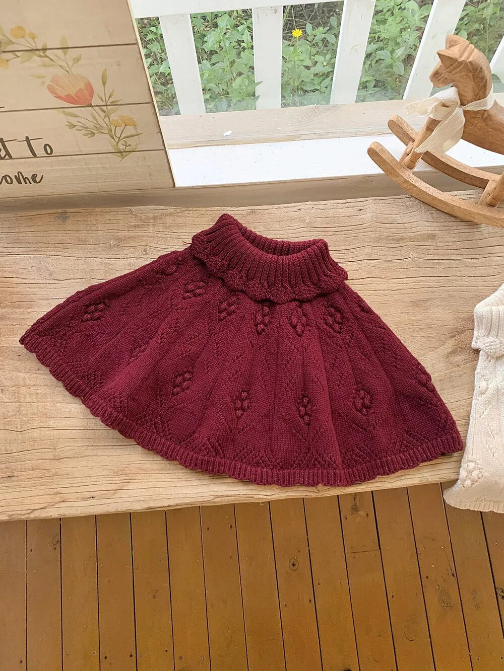 -キッズ ニットショール ポンチョ ハイネック ベージュ ダークレッド 2カラー ガールズ 女の子 子供服 - mamahalo shop - ショール - べビー服 - 子供服 - 男の子 - 女の子