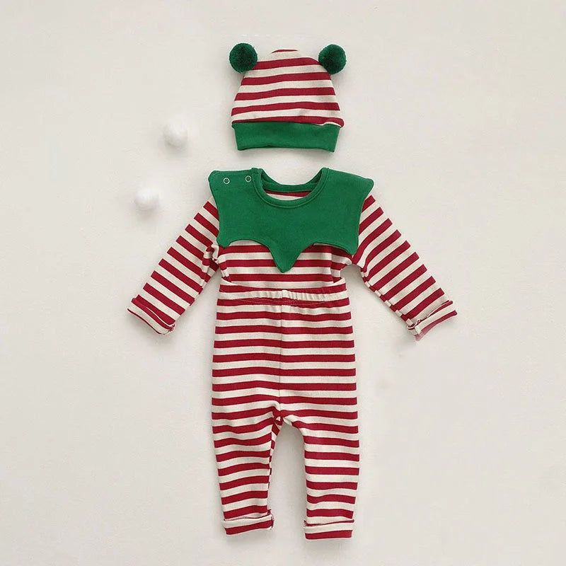 -ベビーセットアップ 3点セット ボーダー 長袖Tシャツ パンツ スタイつけ襟 クリスマスカラー グリーン レッド ユニセックス 男の子 女の子 子供服 - mamahalo shop - 長袖セットアップ - べビー服 - 子供服 - 男の子 - 女の子