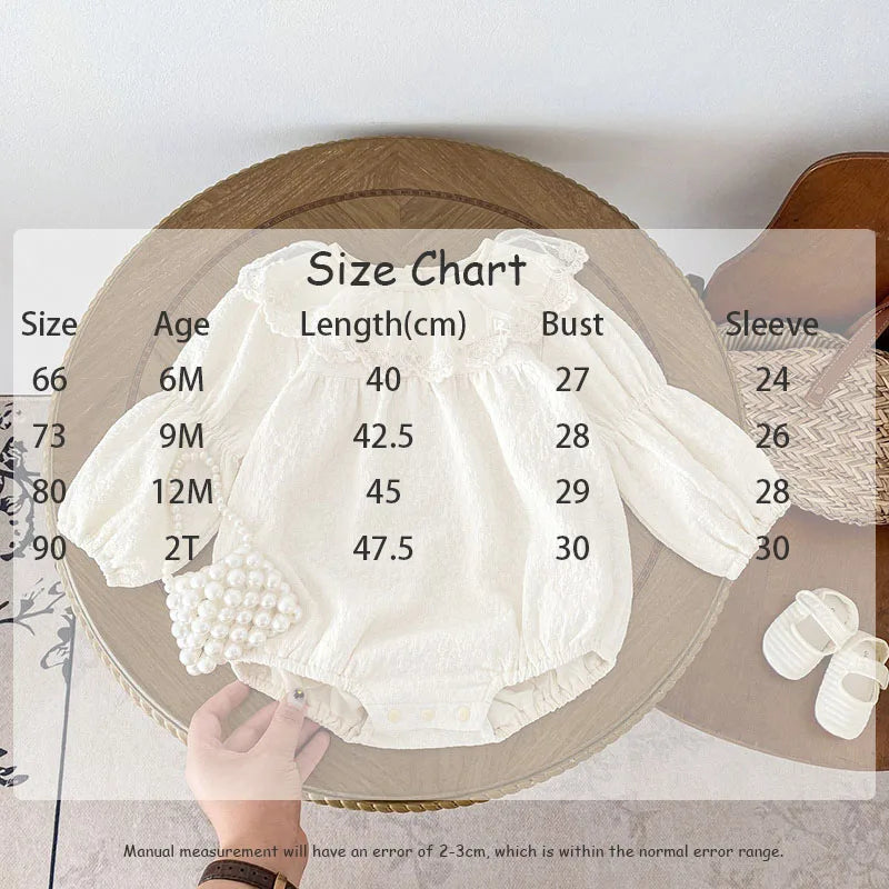 -ベビーロンパース 長袖ボディスーツ レースフリル襟 バブルスリーブ ベージュ - mamahalo shop - 長袖ロンパース - べビー服 - 子供服 - 男の子 - 女の子