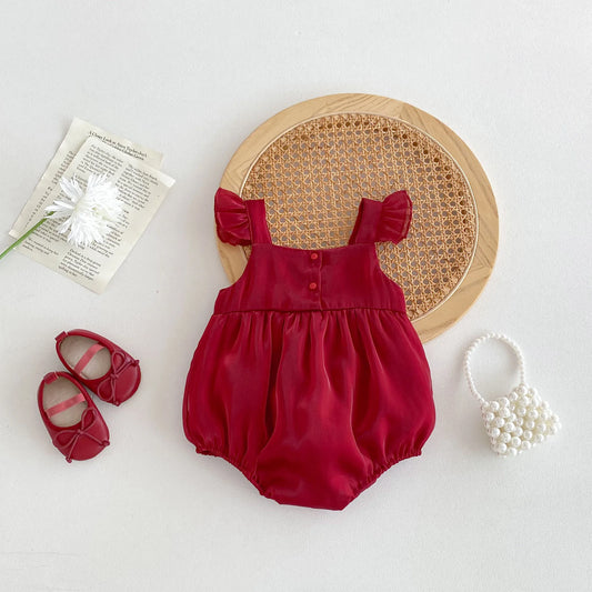 -ベビーロンパース ノースリーブリボンボディスーツ レッド【mh0005608】 - mamahalo shop - ノースリーブロンパース - べビー服 - 子供服 - 男の子 - 女の子