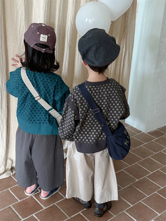 -キッズトップス 長袖ショルダードッキングTシャツ 水玉ドットプリント レイクブルー/グレー/2カラー - mamahalo shop - 長袖Tシャツ - べビー服 - 子供服 - 男の子 - 女の子