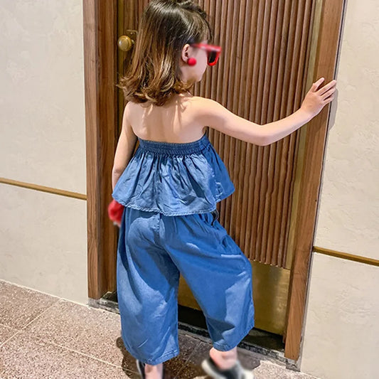 -キッズセットアップ 2点セット デニム オフショルダートップス+ルーズクロップドパンツ【mh0005758】 - mamahalo shop - ノースリーブセットアップ - べビー服 - 子供服 - 男の子 - 女の子