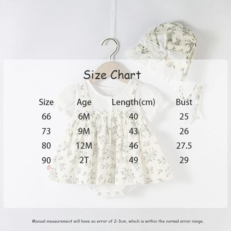 -☺︎ ベビーロンパース 帽子セット 半袖ドッキングスカートボディスーツ フラワー花柄プリント レースフリルボンネットセット - mamahalo shop - 半袖ロンパース - べビー服 - 子供服 - 男の子 - 女の子