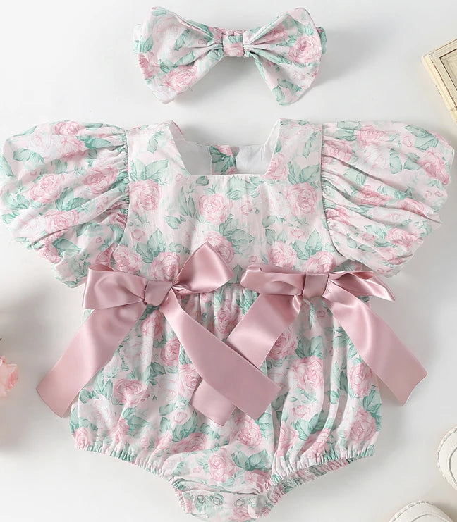 -ベビーロンパース 半袖ボリュームパフスリーブ リボン フラワープリント ベビードレス ヘアバンドセット - mamahalo shop - 半袖ロンパース - べビー服 - 子供服 - 男の子 - 女の子