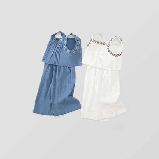 -キッズセットアップ 2点セット キャミソールトップス+ワイドルーズパンツ フラワー花柄刺繍 2カラー - mamahalo shop - ノースリーブセットアップ - べビー服 - 子供服 - 男の子 - 女の子