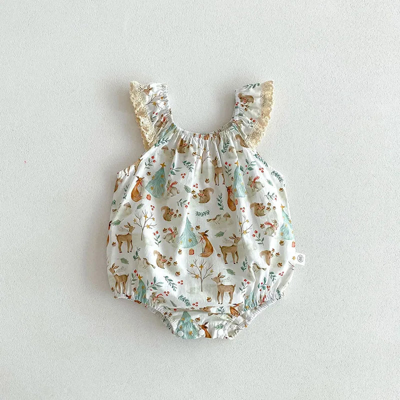 -ベビーロンパース キャミソールフリルボディスーツ フラワーアニマルプリント【mh0005860】 - mamahalo shop - ノースリーブロンパース - べビー服 - 子供服 - 男の子 - 女の子