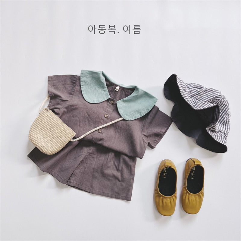 -キッズ セットアップ 丸襟 半袖 シャツ ブラウス ショートパンツ ベージュ ブルー グレー ユニセックス - mamahalo shop - 半袖セットアップ - べビー服 - 子供服 - 男の子 - 女の子