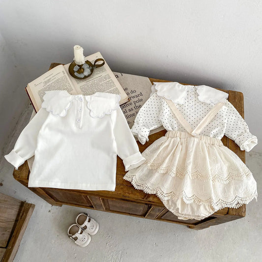 -ベビートップス/パンツ 水玉ドット/無地スクエア襟長袖Tシャツ/サスペンダーレーススカートブルマパンツ - mamahalo shop - 長袖セットアップ - べビー服 - 子供服 - 男の子 - 女の子