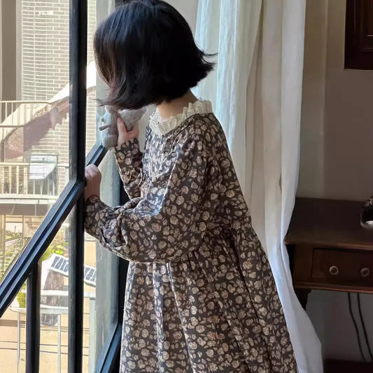 -キッズワンピース フラワープリントスタンドフリルカラー長袖ワンピース【mh0007139】 - mamahalo shop - 長袖ワンピース - べビー服 - 子供服 - 男の子 - 女の子