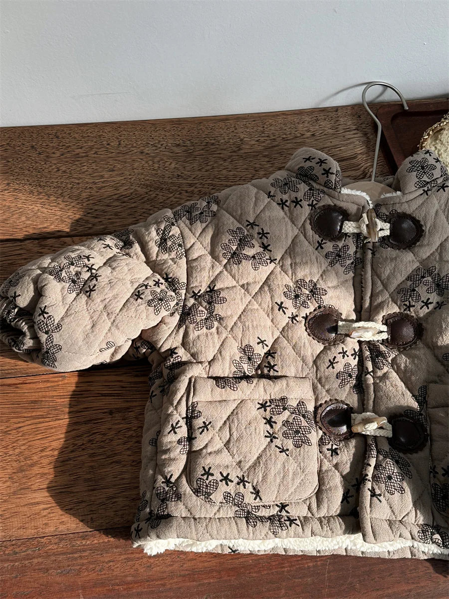 -キッズアウター 花柄フラワープリント 裏ボアフリースキルティングジャケット ダッフルコート - mamahalo shop - ショートコート・ジャケット・ジャンパー - べビー服 - 子供服 - 男の子 - 女の子