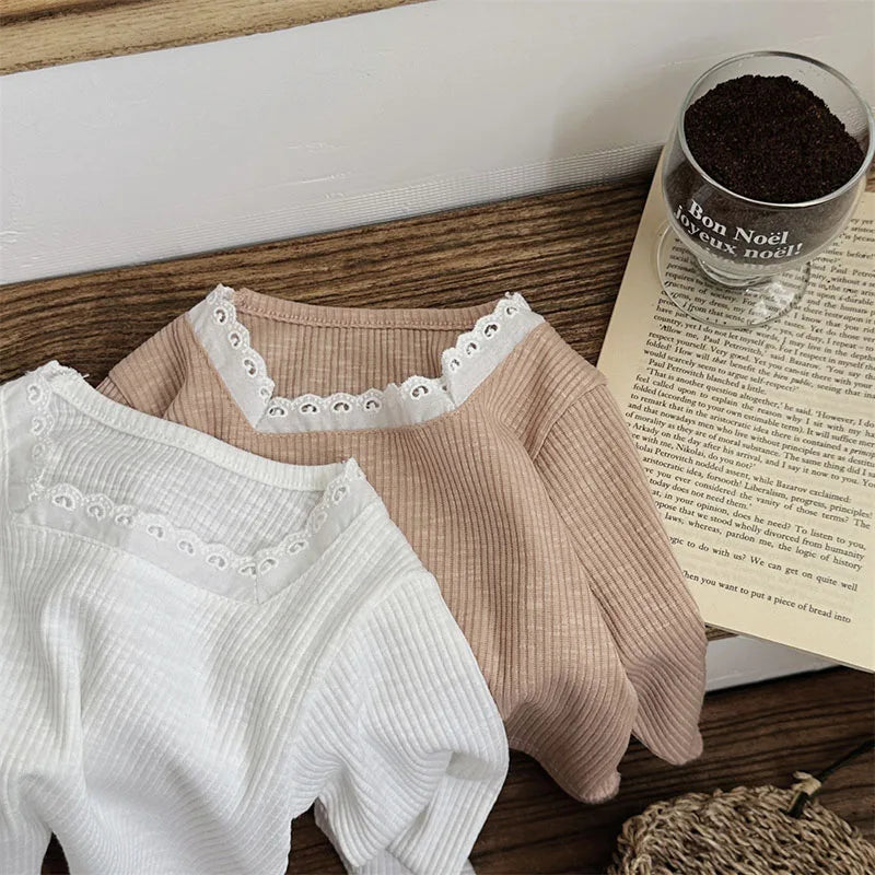 -ベビートップス レーススクエアネック長袖Tシャツカットソー 2カラー【mh0006948】 - mamahalo shop - 長袖Tシャツ - べビー服 - 子供服 - 男の子 - 女の子