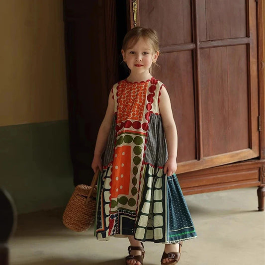 -キッズワンピース ノースリーブ 北欧プリント カラフル 水玉ドットプリント サマードレス【mh0005707】 - mamahalo shop - ノースリーブワンピース - べビー服 - 子供服 - 男の子 - 女の子