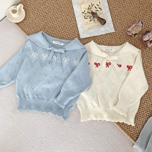 -ベビーキッズトップス ニット セーター セーラーカラー リボン刺繍 ブルー/ベージュ/2カラー【mh0004506】 - mamahalo shop - ニット・セーター - べビー服 - 子供服 - 男の子 - 女の子