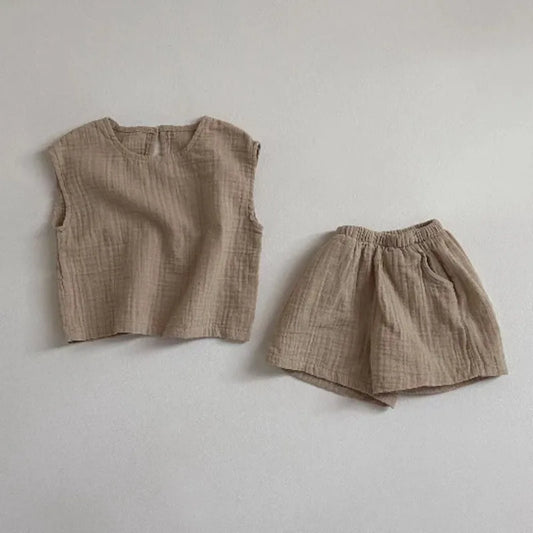 -ベビーセットアップ 2点セット ノースリーブトップス+ショートパンツ シンプルベーシック 2カラー - mamahalo shop - ノースリーブセットアップ - べビー服 - 子供服 - 男の子 - 女の子