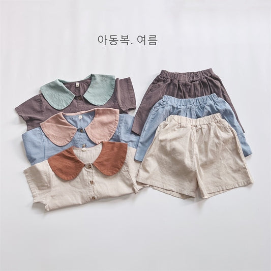 -キッズ セットアップ 丸襟 半袖 シャツ ブラウス ショートパンツ ベージュ ブルー グレー ユニセックス - mamahalo shop - 半袖セットアップ - べビー服 - 子供服 - 男の子 - 女の子