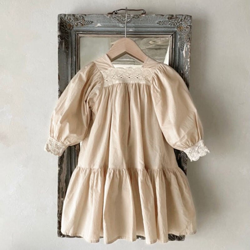 -キッズ レース スクエアネック 長袖 ワンピース ガールズ【mh0002443】 - mamahalo shop - 長袖ワンピース - べビー服 - 子供服 - 男の子 - 女の子