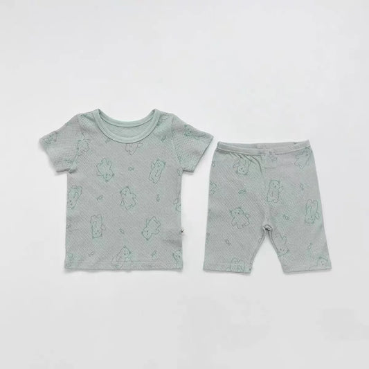 -ベビーパジャマセット 半袖Tシャツ+ショートパンツ ベアくまプリント ルームウェア パステル 3カラー【mh0005466】 - mamahalo shop - 半袖セットアップ - べビー服 - 子供服 - 男の子 - 女の子