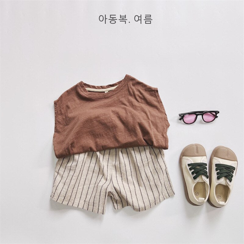 -キッズ ストライプ セットアップ 半袖 シャツ ブラウス ショートパンツ ベージュ ボーイズ - mamahalo shop - 半袖セットアップ - べビー服 - 子供服 - 男の子 - 女の子