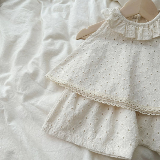 -ベビーセットアップ 2点セット ノースリーブチュニックブラウス+ショートパンツ 刺繍レース - mamahalo shop - ノースリーブセットアップ - べビー服 - 子供服 - 男の子 - 女の子