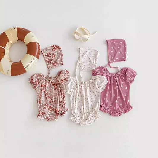 -ベビー水着 帽子セット 半袖パフスリーブ ワンピース フラワー花柄/水玉ドットプリント ガールズスイムウェア【mh0005268】 - mamahalo shop - ベビー用水着 - べビー服 - 子供服 - 男の子 - 女の子