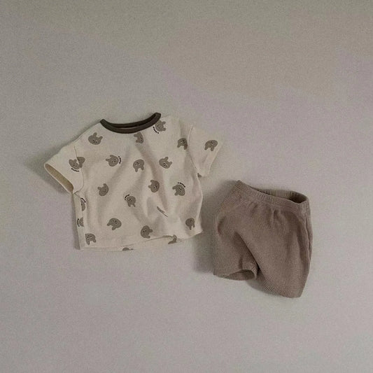 -ベビーキッズセットアップ 2点セット 半袖プリントTシャツ+ショートパンツ 4カラー - mamahalo shop - 半袖セットアップ - べビー服 - 子供服 - 男の子 - 女の子