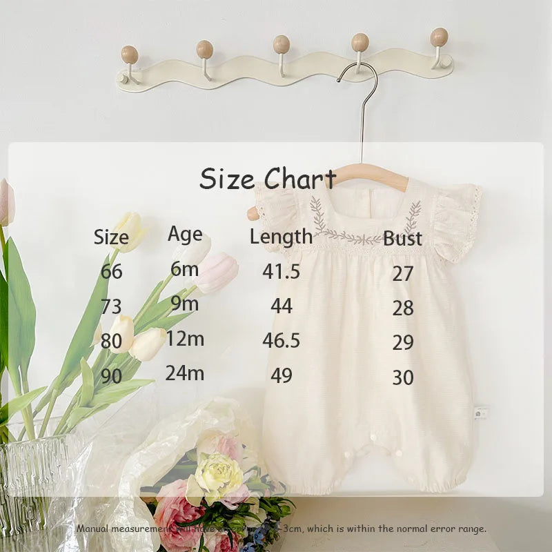 -ベビージャンプスーツ 半袖フリルスリーブ つなぎ フラワー花柄刺繍 ベージュ - mamahalo shop - 半袖ジャンプスーツ - べビー服 - 子供服 - 男の子 - 女の子