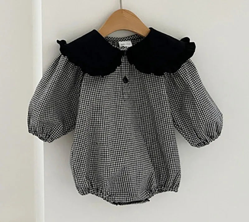 -ベビーロンパース フリルビッグ襟 長袖ボディスーツ ブラック/チェック【mh0004224】 - mamahalo shop - 長袖ロンパース - べビー服 - 子供服 - 男の子 - 女の子