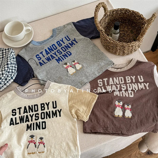-キッズトップス 半袖Tシャツ ペンギン レターロゴプリント 3カラー - mamahalo shop - 半袖Tシャツ - べビー服 - 子供服 - 男の子 - 女の子