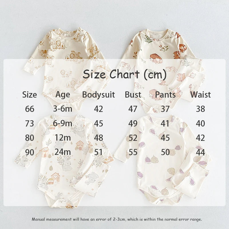 -ベビーロンパース/パンツ/ボンネット フォレストアニマルプリント長袖ボディスーツ/ロングパンツ/帽子 4デザイン【mh0006931】 - mamahalo shop - ロンパースセットアップ - べビー服 - 子供服 - 男の子 - 女の子