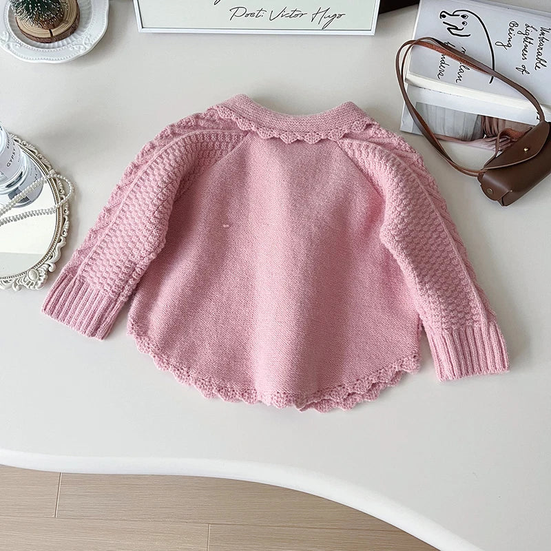 -キッズカーディガン ぽんぽんリボン襟付きニットケープジャケット 2カラー【mh0006937】 - mamahalo shop - カーディガン・パーカー - べビー服 - 子供服 - 男の子 - 女の子