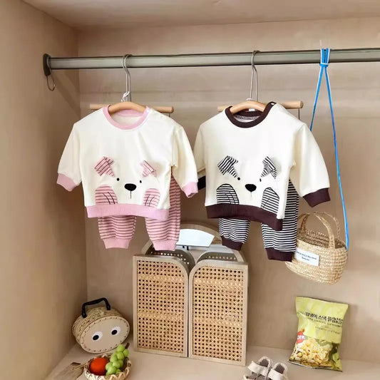 -ベビーキッズセットアップ 2点セット ベアくまアップリケ長袖Tシャツ+ボーダーロングパンツ 2カラー - mamahalo shop - 長袖セットアップ - べビー服 - 子供服 - 男の子 - 女の子
