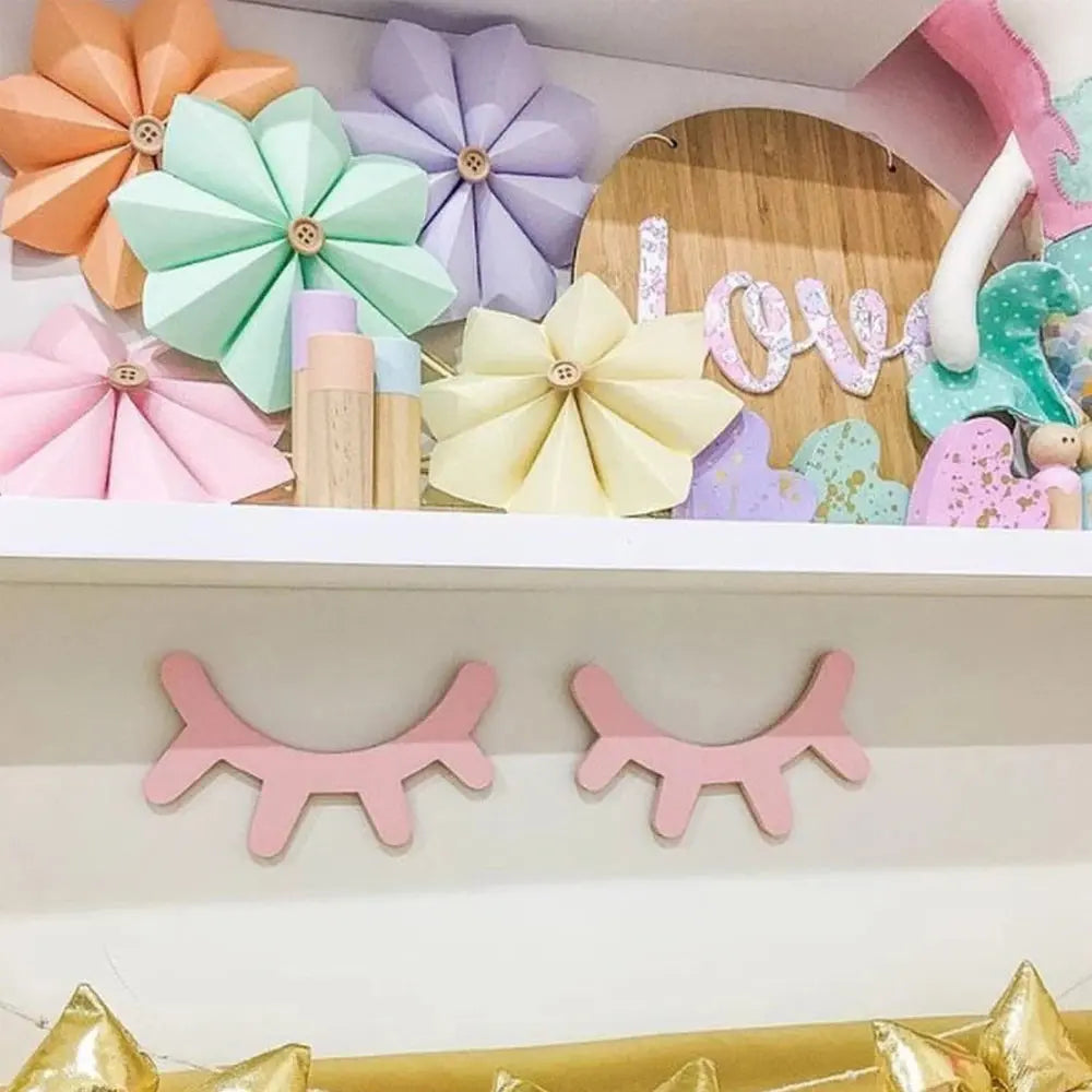 -1ペア北欧風 木製3Dまつげウォールステッカー スリーピーアイズ 木工クラフト 子供部屋 ウォールアートデカール【mh0000002】 - mamahalo shop - モビール・ウォールデコレーション - べビー服 - 子供服 - 男の子 - 女の子