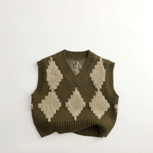 -キッズベスト ニットVネックベスト ダイヤチェック 2カラー - mamahalo shop - ベスト - べビー服 - 子供服 - 男の子 - 女の子