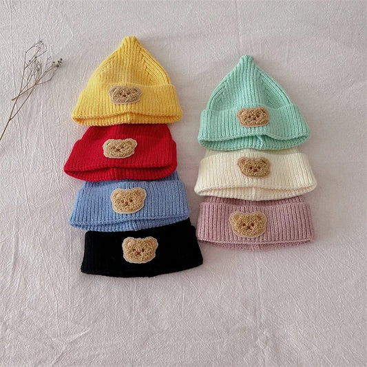 -ベビー帽子 ニットキャップ ニット帽 ベアくまワッペン ワッチキャップ 7カラー【mh0003634】 - mamahalo shop - ベビー用帽子 - べビー服 - 子供服 - 男の子 - 女の子