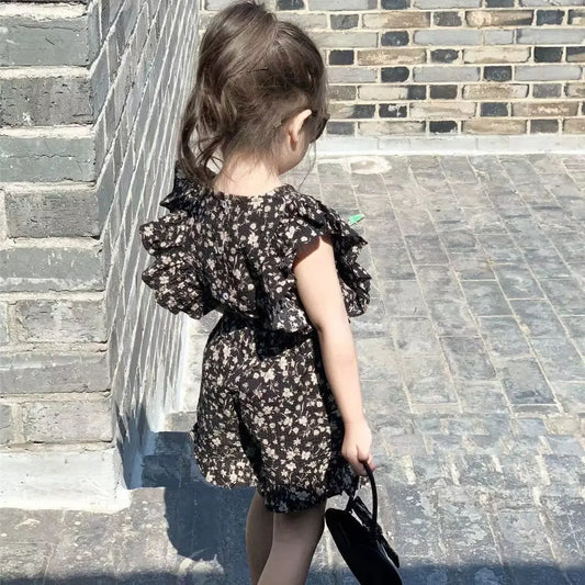 -キッズセットアップ 2点セット フリルスリーブブラウス+ショートパンツ フラワー花柄プリント 2カラー【mh0006083】 - mamahalo shop - ノースリーブセットアップ - べビー服 - 子供服 - 男の子 - 女の子