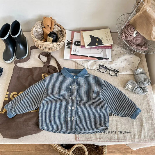 -キッズ長袖シャツ トップス ストライプ ルーズ ブルー ブラック 2カラー ボーイズ 男の子 子供服 - mamahalo shop - 長袖シャツ・ブラウス - べビー服 - 子供服 - 男の子 - 女の子