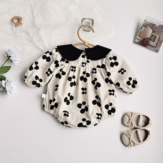 -ベビー服 ロンパース レトロ フラワー 長袖 リボンヘアバンド セット モノトーン 女の子 - mamahalo shop - 長袖ロンパース - べビー服 - 子供服 - 男の子 - 女の子