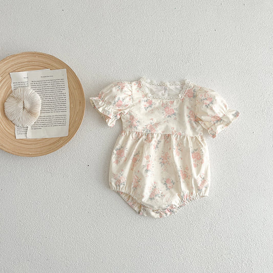 -ベビーロンパース 半袖パフスリーブボディスーツ フラワー花柄プリント【mh0006062】 - mamahalo shop - 半袖ロンパース - べビー服 - 子供服 - 男の子 - 女の子