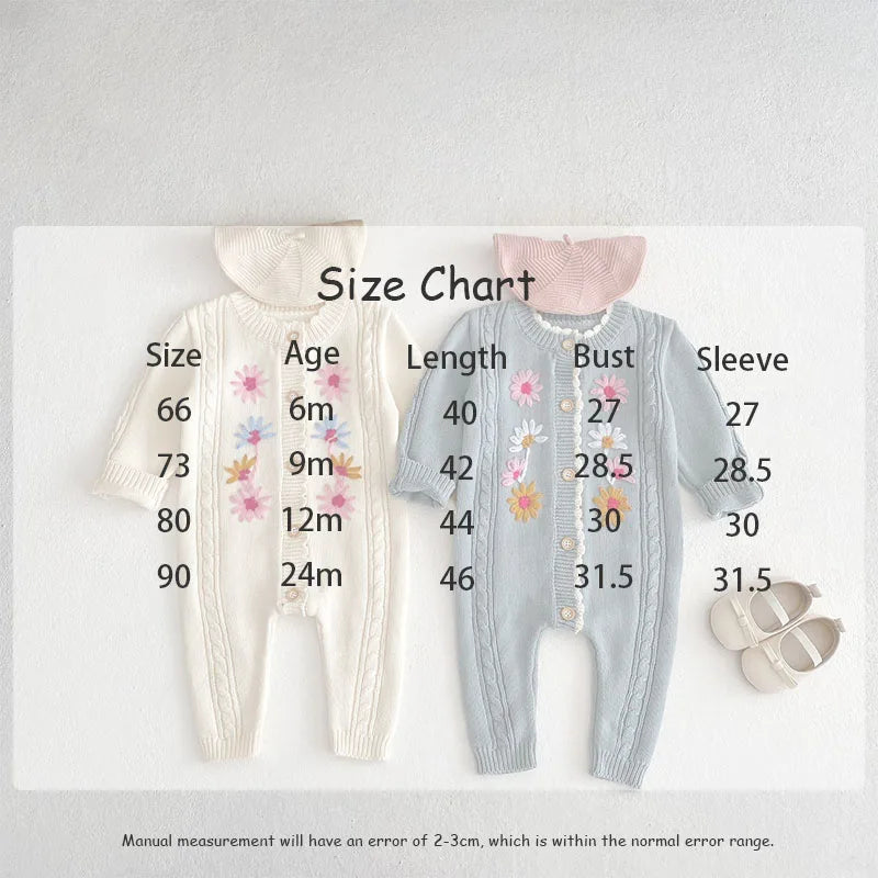 -ベビージャンプスーツ ニット長袖ロンパース フラワー花柄刺繍 ベージュ/ブルーグレー/2カラー - mamahalo shop - 長袖ロンパース - べビー服 - 子供服 - 男の子 - 女の子