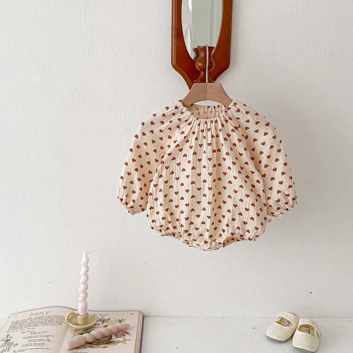 -☺︎ ベビーロンパース 長袖ルーズボディスーツ ハート チェックプリント柄 - mamahalo shop - 長袖ロンパース - べビー服 - 子供服 - 男の子 - 女の子