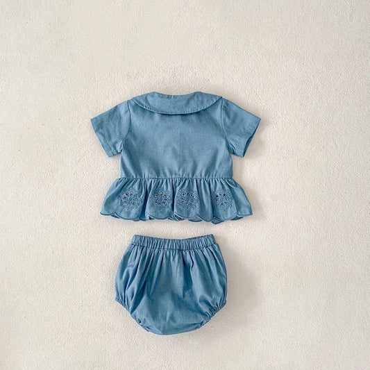 -ベビーセットアップ 2点セット 半袖ペプラムブラウス+ブルマパンツ ブルー【mh0006265】 - mamahalo shop - 半袖セットアップ - べビー服 - 子供服 - 男の子 - 女の子