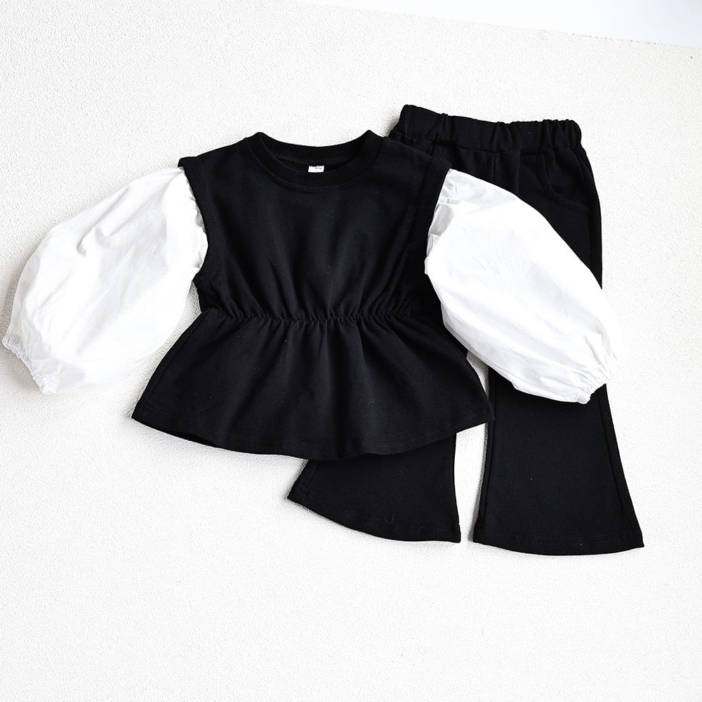 -キッズ セットアップ 長袖 パッチワーク チュニック ブラウス フレア ロングパンツ ブラック グレー ガールズ - mamahalo shop - 長袖セットアップ - べビー服 - 子供服 - 男の子 - 女の子