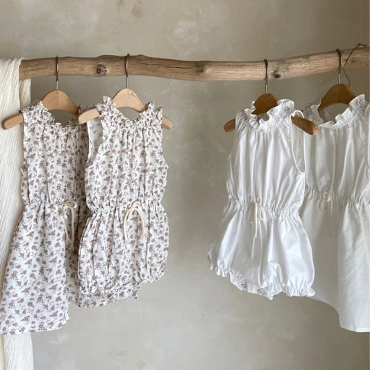 -ベビーロンパース ノースリーブウエストマークボディスーツ フラワー花柄プリント 2カラー【mh0005298】 - mamahalo shop - ノースリーブロンパース - べビー服 - 子供服 - 男の子 - 女の子