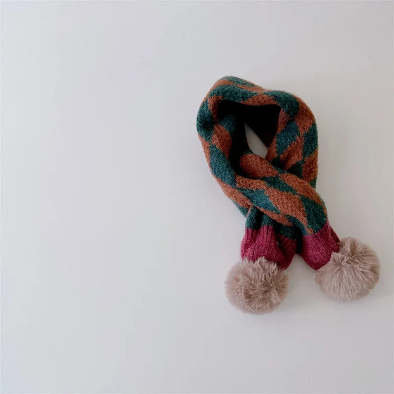 -キッズマフラー ぽんぽん付きネックウォーマー アーガイルチェック ユニセックス 男の子 女の子 子供服【mh0003397】 - mamahalo shop - ネックウォーマー - べビー服 - 子供服 - 男の子 - 女の子